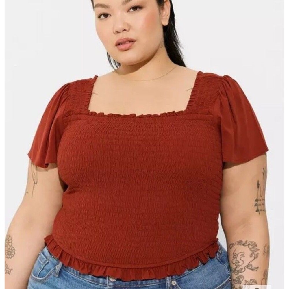 Torrid Women’s Rust Crop Top Size 2X Stretch Smocked Short Flutter Sleeve
